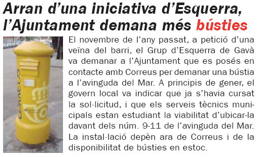 Noticia publicada en la publicación L'ERAMPRUNYÀ sobre la posible instalación de un buzón en la avenida del mar de Gavà Mar (Febrero de 2008) (Número 54)